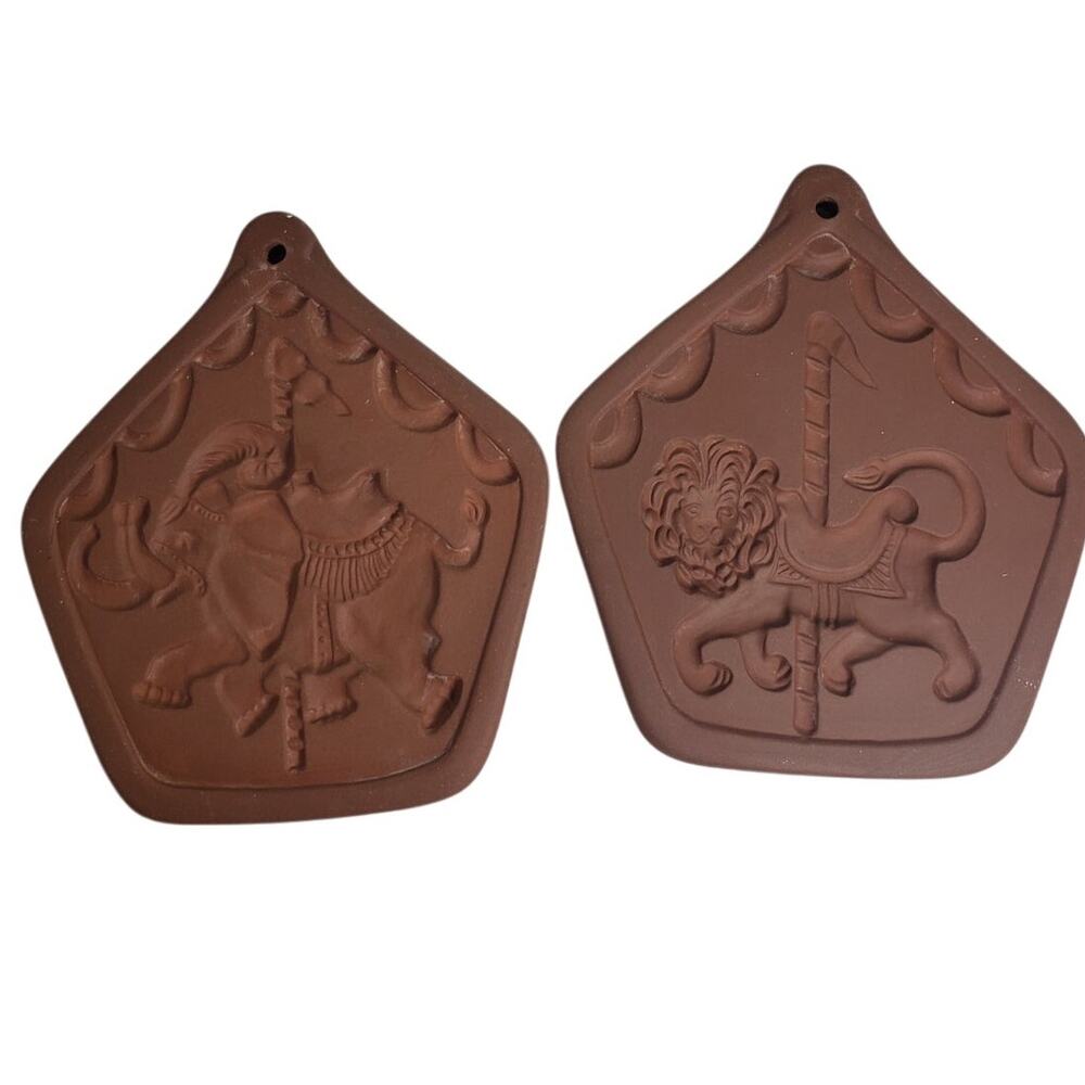 2 Hartstone Pottery Cookie Molds Carousel Elephant and Lion Crafts Decor